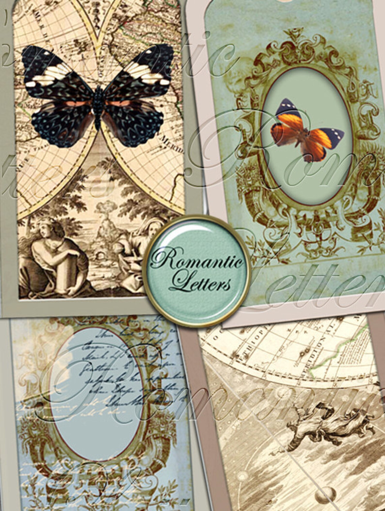 Shabby Chic Gift Tags: Antique Map & Butterfly Designs (digital ...