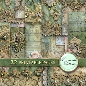 Grüne Seide Digital printable Scrapbook Papier Pack Gold druckbares Bastelpapier Vintage Ephemera Shabby Chic Junk Journal Seiten A4