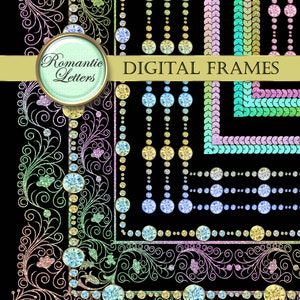 May include: A set of digital frames featuring various designs with a rainbow glitter effect. The frames include floral patterns, rows of gemstones, and geometric shapes. The text "Romantic Letters" and "Digital Frames" is included in the image.