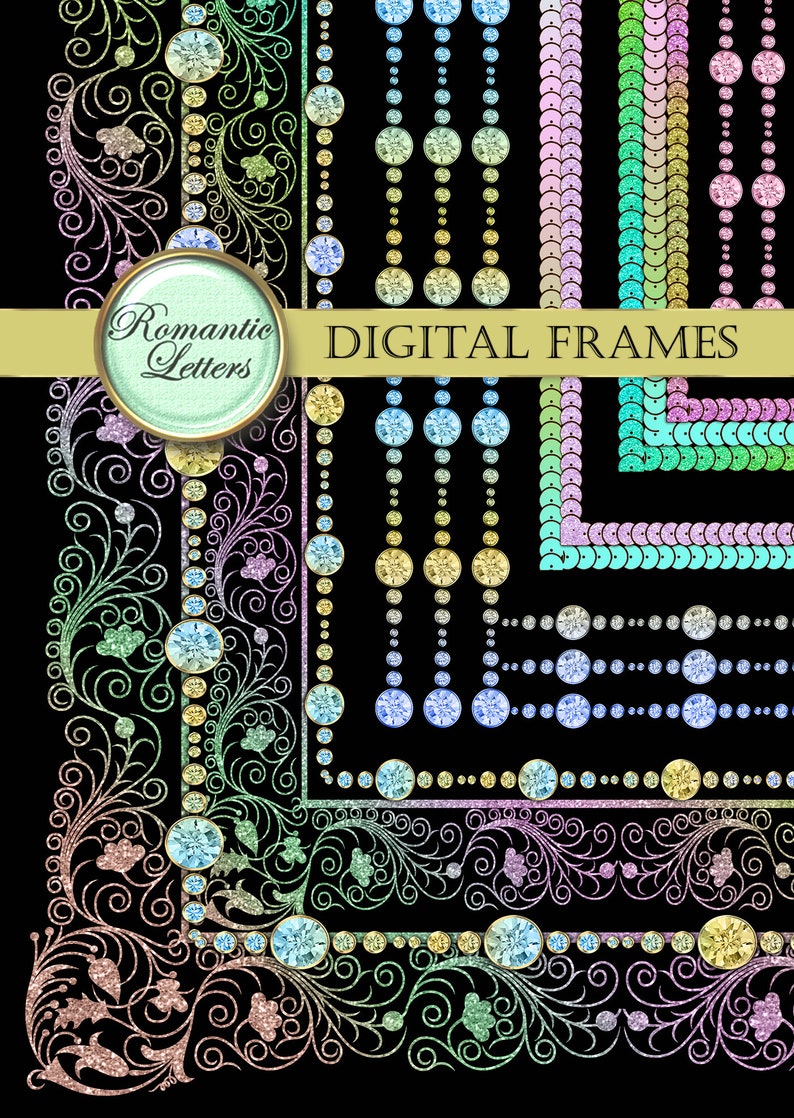 May include: A set of digital frames featuring various designs with a rainbow glitter effect. The frames include floral patterns, rows of gemstones, and geometric shapes. The text "Romantic Letters" and "Digital Frames" is included in the image.