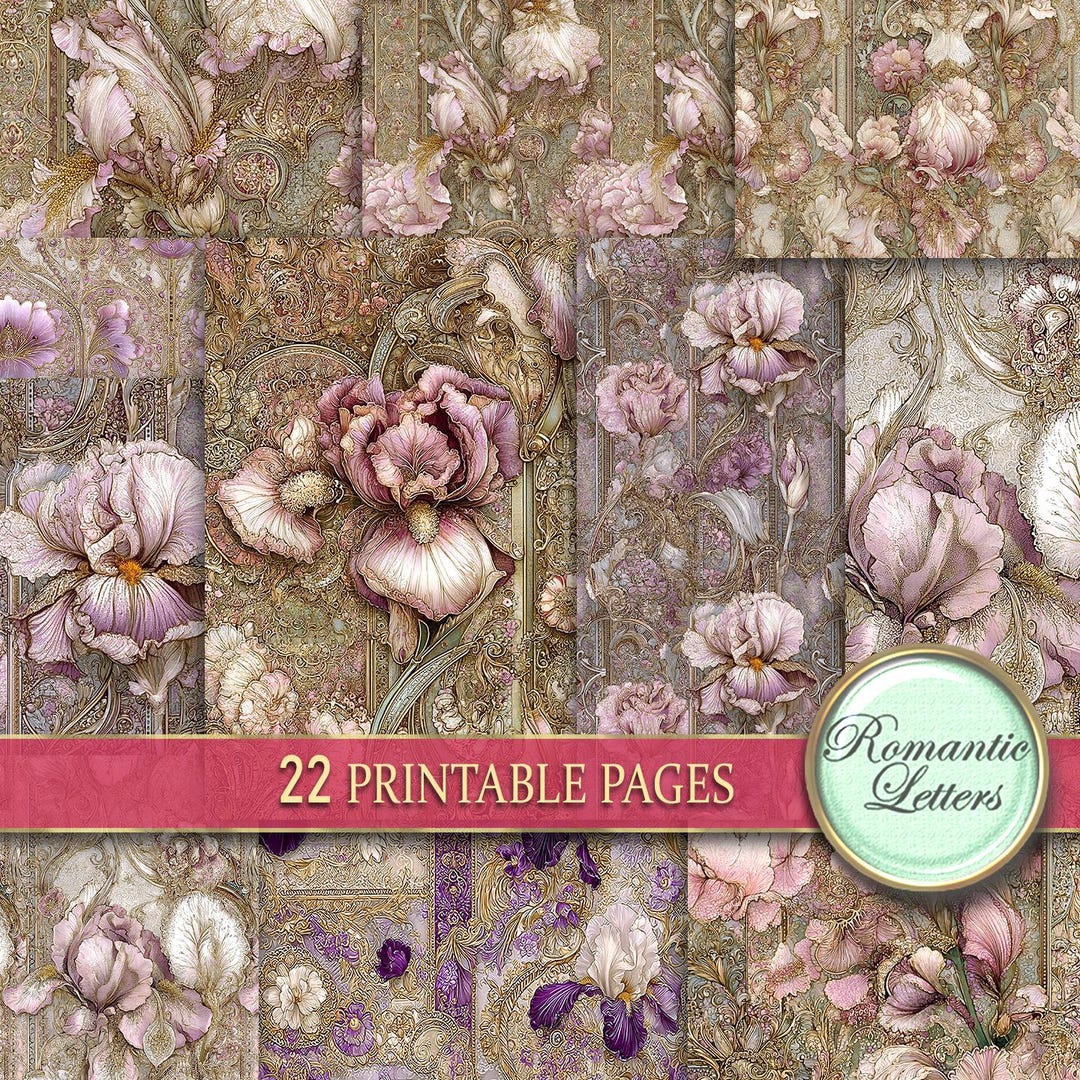 Floral Junk Journal Pages Digital Scrapbook Paper Pack Shabby Chic Iris ...
