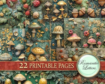 Autumn forest Digital printable craft paper scrapbook paper pack leaves fall junk journal pages Shabby chic frame Mushrooms Thanksgiving A4