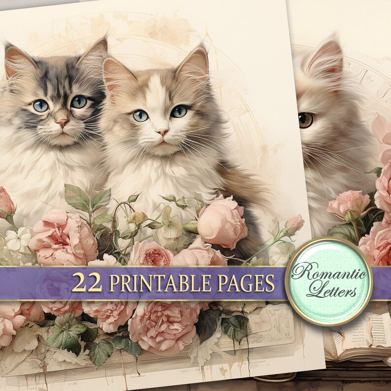 Cats and Rose Flowers Floral Digital Scrapbook Paper Pack Shabby Chic ...