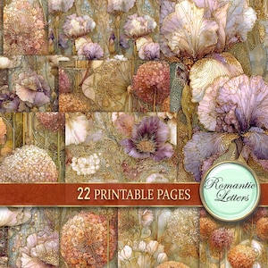 Könnte beinhalten: Eine Collage aus floralen Designs in Lila-, Gold- und Beigetönen. Das Bild zeigt verschiedene Blumenillustrationen, darunter Iris und andere detaillierte Blüten. Der Text "22 PRINTABLE PAGES" wird auf einem braunen Banner mit einem runden Logo "Romantic Letters" angezeigt.