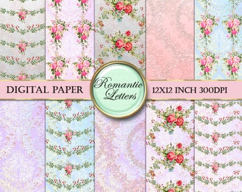 Floral Digital Scrapbook paper pack Shabby Chic rose flowers background paper wedding digital paper backdrop pink rose floral paper pack