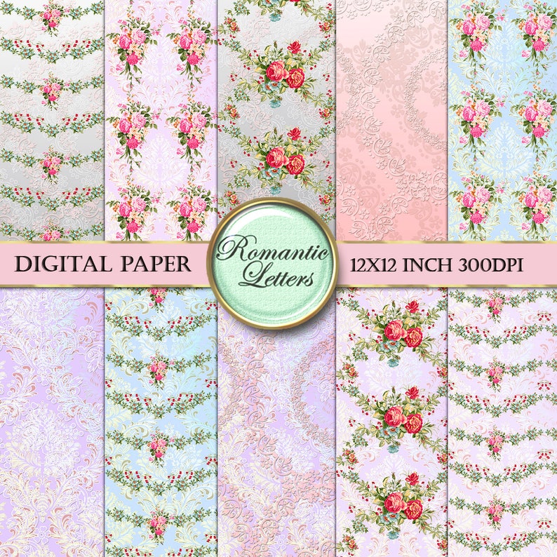 Floral Digital Scrapbook Paper Pack Shabby Chic Rose Flowers Etsy
