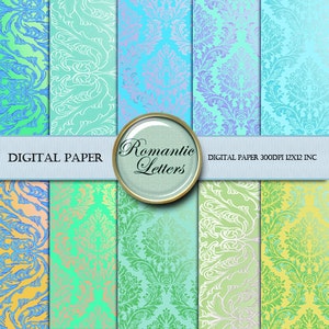Papel digital Damasco con diseño de playa oceánica, papel para álbum de recortes con diseño de océano en colores pastel, fondo digital de playa de verano, paquete de papel para boda, papel azul verdoso