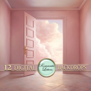 May include: A digital backdrop featuring a pink room with an open door leading to a cloudy sky. The door is white with gold hardware. The floor is tiled. The text "12 DIGITAL" and "BACKDROPS" is at the bottom of the image. The text "Romantic Letters" is in a circle in the middle of the image.
