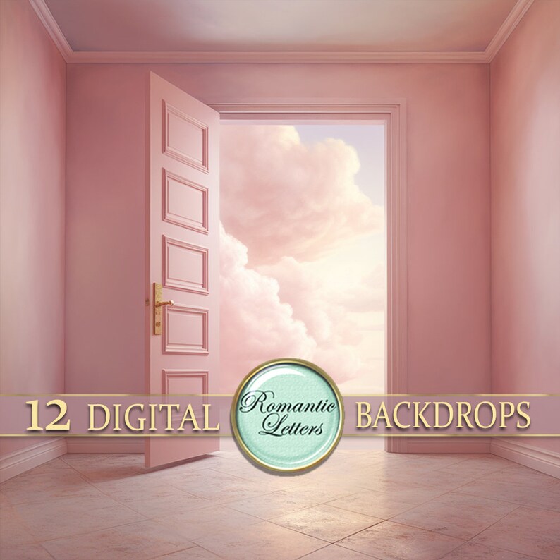 May include: A digital backdrop featuring a pink room with an open door leading to a cloudy sky. The door is white with gold hardware. The floor is tiled. The text "12 DIGITAL" and "BACKDROPS" is at the bottom of the image. The text "Romantic Letters" is in a circle in the middle of the image.