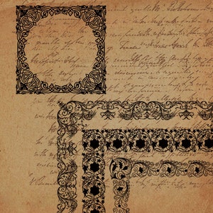 May include: A collection of black decorative borders and frames on a brown paper background. The borders are intricate and detailed, with floral and scroll designs. The paper has handwritten text on it.