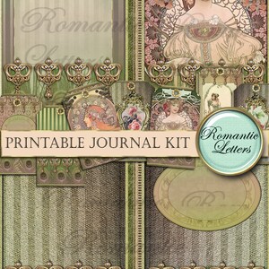 Pode incluir: Kit de di&aacute;rio imprim&iacute;vel com um esquema de cores verde e marrom. O kit inclui uma variedade de elementos decorativos, como uma mulher com um vestido vintage, um design de pena de pav&atilde;o e um design de olho de fechadura. O texto "Cartas rom&acirc;nticas" aparece no kit.