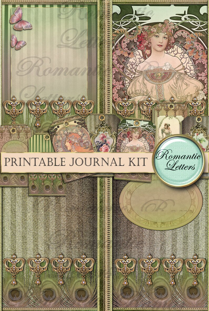 Pode incluir: Kit de di&aacute;rio imprim&iacute;vel com um esquema de cores verde e marrom. O kit inclui uma variedade de elementos decorativos, como uma mulher com um vestido vintage, um design de pena de pav&atilde;o e um design de olho de fechadura. O texto "Cartas rom&acirc;nticas" aparece no kit.