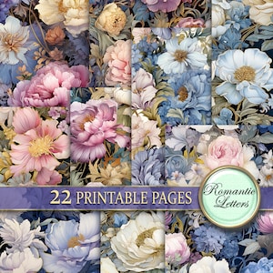 Botanisches Papier Set für Scrapbook, Shabby Chic Blumen, digital bedruckbares Papier, Junk Journal, Viktorianisches Papier mit floralen Mustern