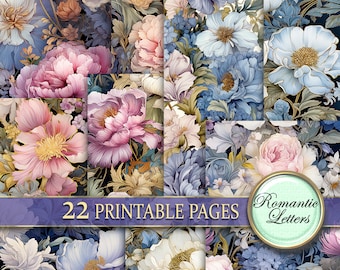 May include: A digital collage sheet with 22 printable pages featuring floral designs. The pages feature a variety of flowers in shades of pink, blue, and white, with a dark background. The text "Romantic Letters" is included in the image.