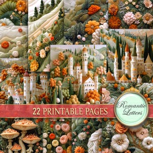 Könnte beinhalten: Eine Collage von 22 druckbaren Seiten mit skurrilen Illustrationen. Die Kunstwerke zeigen Burgen, Blumen und Landschaften in Orange, Grün und Weiß. Der Text "Romantic Letters" wird in einem dekorativen Rahmen angezeigt.