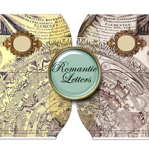 Puede incluir: Una caja decorativa de estilo vintage con un dise&ntilde;o de mapa y las palabras "Cartas Rom&aacute;nticas" en un c&iacute;rculo. La caja est&aacute; hecha de papel y tiene un borde dorado.