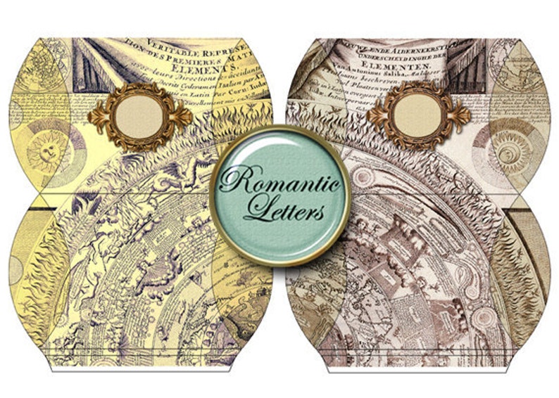 Puede incluir: Una caja decorativa de estilo vintage con un dise&ntilde;o de mapa y las palabras "Cartas Rom&aacute;nticas" en un c&iacute;rculo. La caja est&aacute; hecha de papel y tiene un borde dorado.