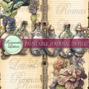 May include: A digital art print featuring a black cat, floral arrangements, and decorative bottles. The text reads "Romantic Letters Printable Journal 29 Files". The background is a vintage paper design with lined pages.