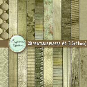 May include: 20 printable digital papers in green and beige tones. The papers feature a variety of patterns, including floral, geometric, and textured designs. The papers are perfect for scrapbooking, card making, and other craft projects.  20 PRINTABLE PAPERS A4 (8.5x11inch)