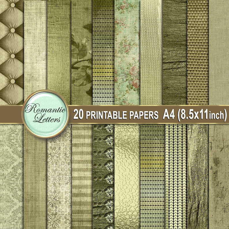 May include: 20 printable digital papers in green and beige tones. The papers feature a variety of patterns, including floral, geometric, and textured designs. The papers are perfect for scrapbooking, card making, and other craft projects.  20 PRINTABLE PAPERS A4 (8.5x11inch)