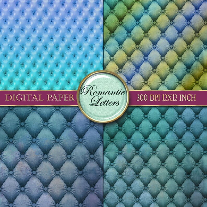 May include: Four digital paper designs featuring a tufted upholstery pattern in shades of blue, green, and yellow. The papers are 300 DPI and 12x12 inches.