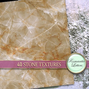 May include: A close-up of a beige marble texture with brown veins. The image has a pink ribbon with the text "40 STONE TEXTURES" and a circular green and gold graphic with the text "Romantic Letters".