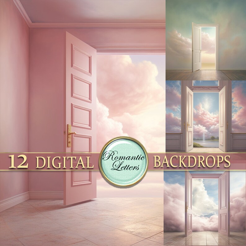 May include: Twelve digital backdrops featuring a pink room with an open door leading to a cloudy sky. The backdrops are perfect for photographers and graphic designers.