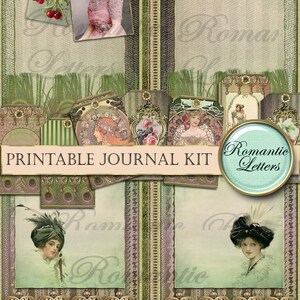 Pode incluir: Kit de di&aacute;rio imprim&iacute;vel com uma est&eacute;tica vintage. O kit inclui imagens de mulheres com roupas vintage, designs florais e um padr&atilde;o de penas de pav&atilde;o. O texto "Cartas rom&acirc;nticas" aparece em uma etiqueta circular.