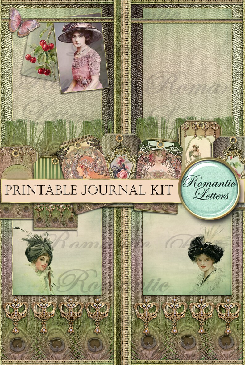 Pode incluir: Kit de di&aacute;rio imprim&iacute;vel com uma est&eacute;tica vintage. O kit inclui imagens de mulheres com roupas vintage, designs florais e um padr&atilde;o de penas de pav&atilde;o. O texto "Cartas rom&acirc;nticas" aparece em uma etiqueta circular.
