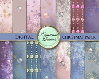 May include: Digital Christmas paper pack with 10 different designs featuring snowflakes, pine branches, ornaments, and jewel-toned backgrounds. The text "Romantic Letters" is on a green circle.