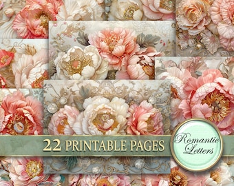 May include: A digital collage sheet with 22 printable pages featuring delicate pink and white peonies with gold accents. The text "Romantic Letters" is in the lower right corner.