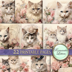 Katzen Junk Journal Seiten Floral Digital Scrapbook Papier Pack Shabby Chic rose Blumen vintage druckbares Decoupage Papier viktorianisches Papier A4