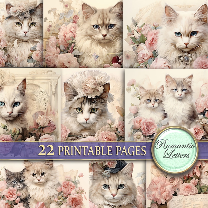 Cats Junk Journal Pages Floral Digital Scrapbook Paper Pack Shabby Chic ...