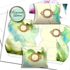 May include: Printable template for creating favor boxes. The template features a watercolor background with green, blue, and yellow accents. The design includes a gold ornate frame with a circle in the center. The text "Romantic Letters" is visible in the top left corner.