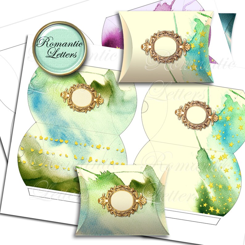 May include: Printable template for creating favor boxes. The template features a watercolor background with green, blue, and yellow accents. The design includes a gold ornate frame with a circle in the center. The text "Romantic Letters" is visible in the top left corner.