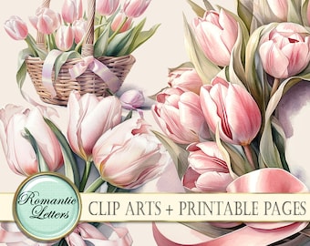 Clipart numérique fleurs aquarelle mariage clipart pages imprimables floral mariage faire-part scrapbooking couronne de fleurs tulipes panier png