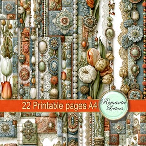 May include: A collection of 22 printable A4 pages titled Romantic Letters, featuring intricate designs of vintage-style floral patterns, pearl strings, lace textures, and ornate circular jewellery motifs in shades of sage green, cream, and orange.