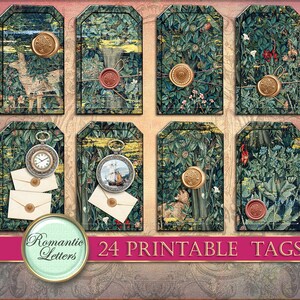 May include: Set of 24 printable tags featuring a vintage tapestry design with a green, brown, and gold color scheme. The tags include images of a deer, a ship, a clock, and a tree. The text "Romantic Letters" and "24 Printable Tags" is included on the tags.
