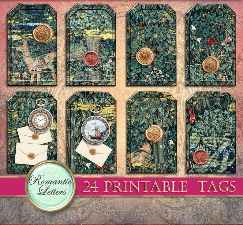 May include: Set of 24 printable tags featuring a vintage tapestry design with a green, brown, and gold color scheme. The tags include images of a deer, a ship, a clock, and a tree. The text "Romantic Letters" and "24 Printable Tags" is included on the tags.
