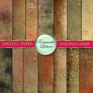 Puede incluir: Conjunto de 8 papeles digitales con un aspecto desgastado y texturado. Los papeles presentan una variedad de colores, incluyendo marr&oacute;n, rojo y dorado. Los papeles miden 30,5 x 30,5 cm y 300 DPI. "Romantic Letters" est&aacute; escrito en un c&iacute;rculo en la imagen.