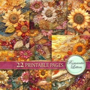 Herfst digitaal afdrukbaar ambachtelijk papier plakboek papieren pak bladeren herfst ongewenste dagboekpagina's Shabby chic patchwork Thanksgiving zonnebloem A4