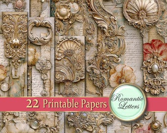 Golden Antique Scrapbook Paper, Junk Journal Pages, Shabby Chic craft paper, Floral Collage Decoupage (Printable A4)