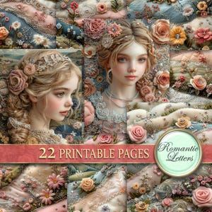 K&ouml;nnte beinhalten: Eine Collage aus 22 druckbaren Seiten mit zarten Blumendesigns, filigranen Spitzenmustern und zwei Portr&auml;ts von jungen Frauen mit blonden Haaren und Blumenkr&auml;nzen. Der Text "Romantic Letters" und "22 Printable Pages" ist ebenfalls in der Collage enthalten.