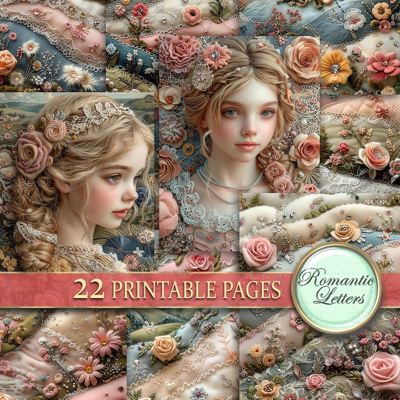 K&ouml;nnte beinhalten: Eine Collage aus 22 druckbaren Seiten mit zarten Blumendesigns, filigranen Spitzenmustern und zwei Portr&auml;ts von jungen Frauen mit blonden Haaren und Blumenkr&auml;nzen. Der Text "Romantic Letters" und "22 Printable Pages" ist ebenfalls in der Collage enthalten.