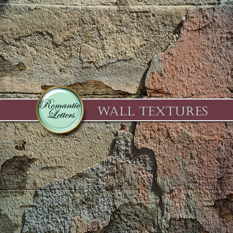 May include: A close-up of a weathered wall texture with peeling paint in shades of brown, pink, and blue. The text "WALL TEXTURES" is displayed across the bottom of the image.