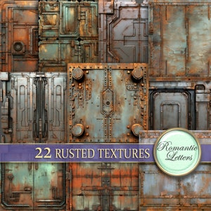 May include: 22 rusted metal textures with a blue and white banner that says "22 Rusted Textures" and a white circle with a blue border that says "Romantic Letters".