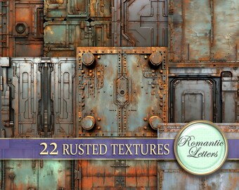 May include: 22 rusted metal textures with a blue and white banner that says "22 Rusted Textures" and a white circle with a blue border that says "Romantic Letters".