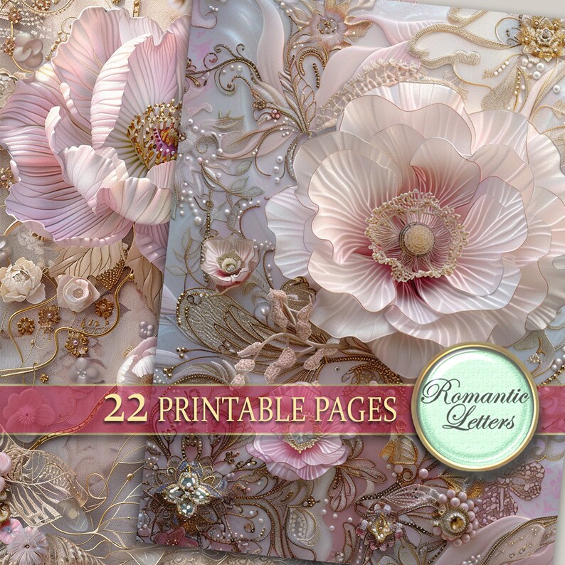 May include: 22 printable pages featuring a floral design with pink and white flowers, gold accents, and pearls. The design is reminiscent of a vintage or antique style.