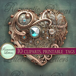 May include: A heart-shaped steampunk design with intricate gears, cogs, and a large blue jewel. The design is made of metal and has a vintage, industrial aesthetic.