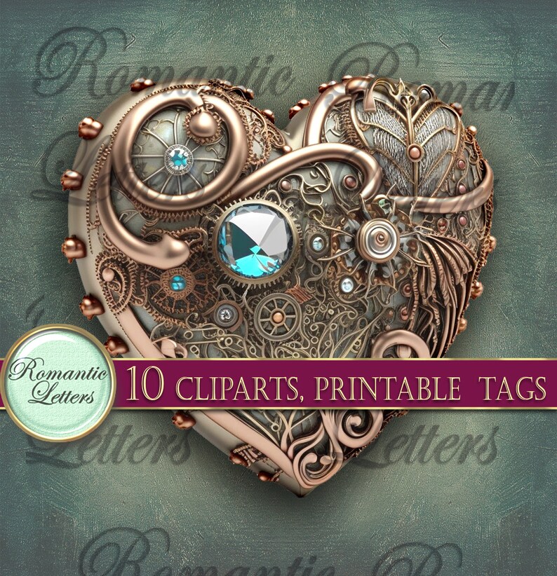 May include: A heart-shaped steampunk design with intricate gears, cogs, and a large blue jewel. The design is made of metal and has a vintage, industrial aesthetic.